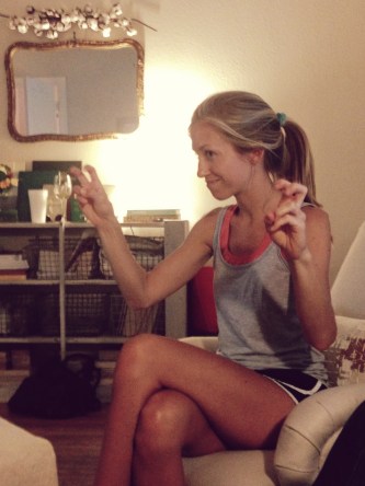 Kate doing her hand quotations while describing an experience with a "natural" product that turned out to be not so natural. 